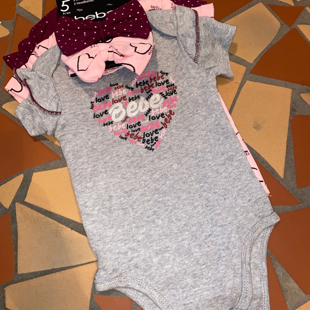 BEBE onesie gift set,NWT,3 onesies & 2 headbands,3 designs,Size 6-9 months